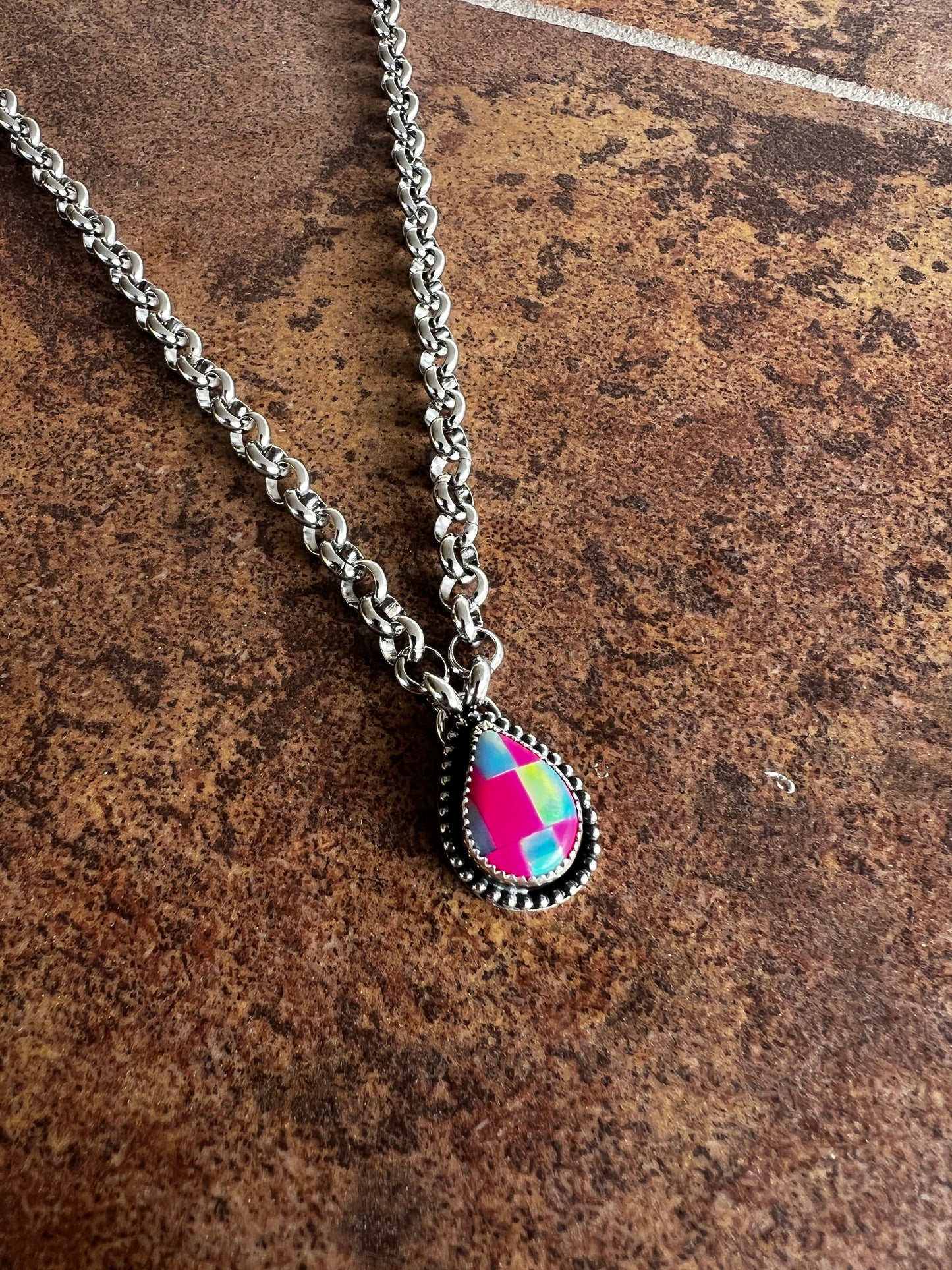 PINK CHECKERED TEARDROP PENDANT-MADE TO ORDER
