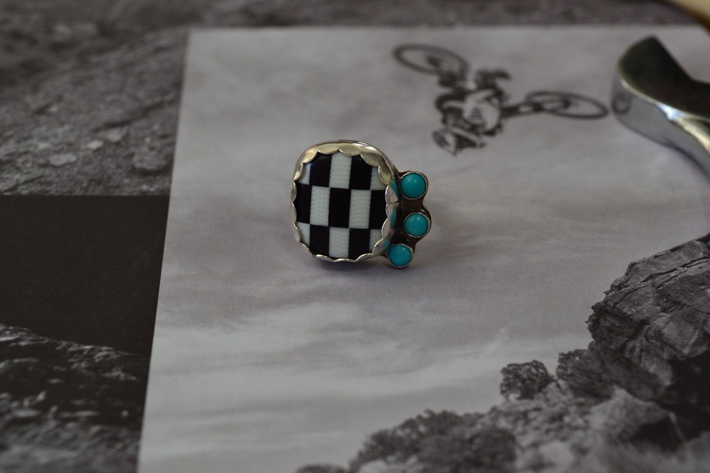KINGMAN TURQUOISE X CHECKERED RING SIZE 9