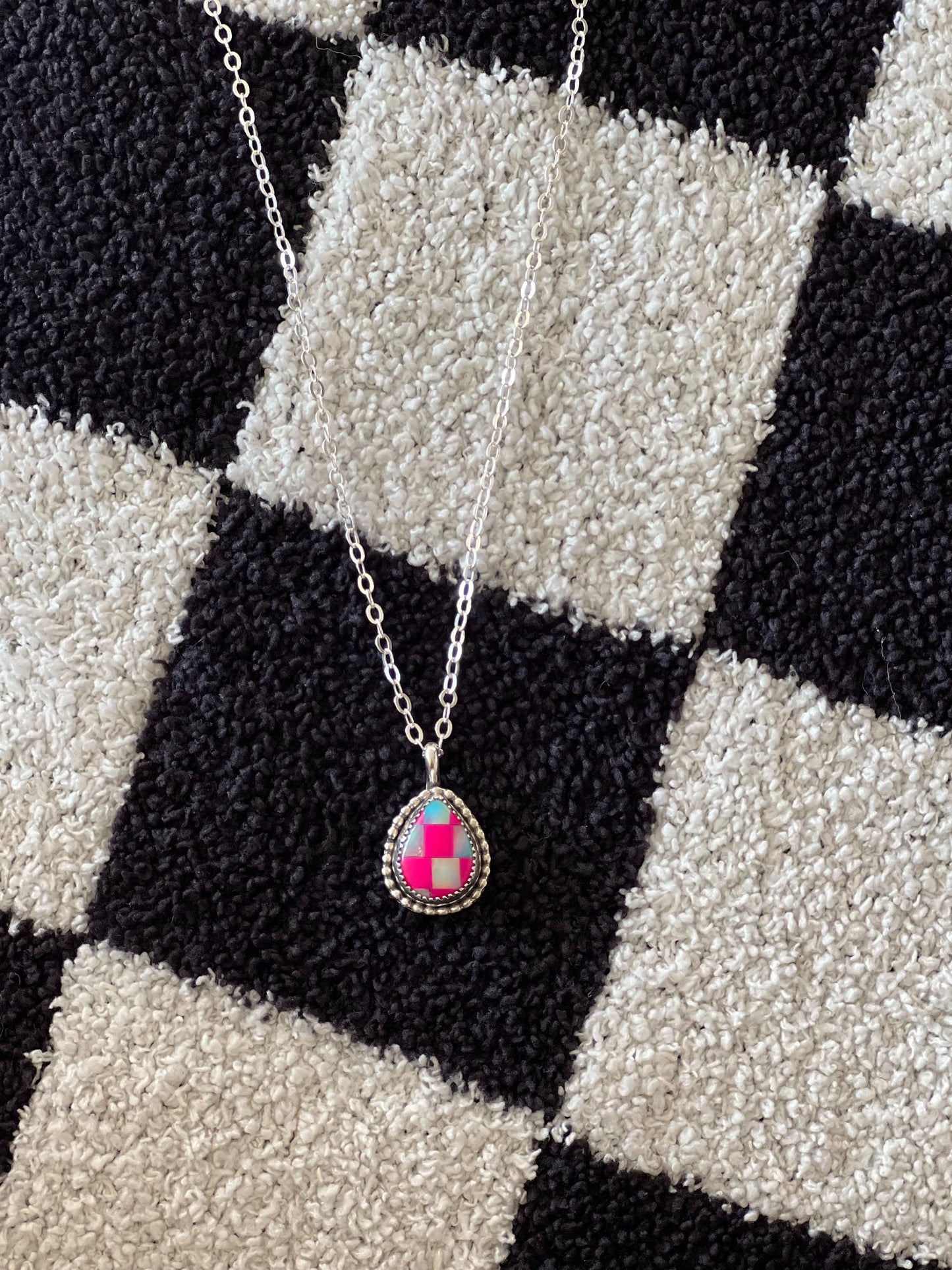Pink Checkered Teardrop Pendant