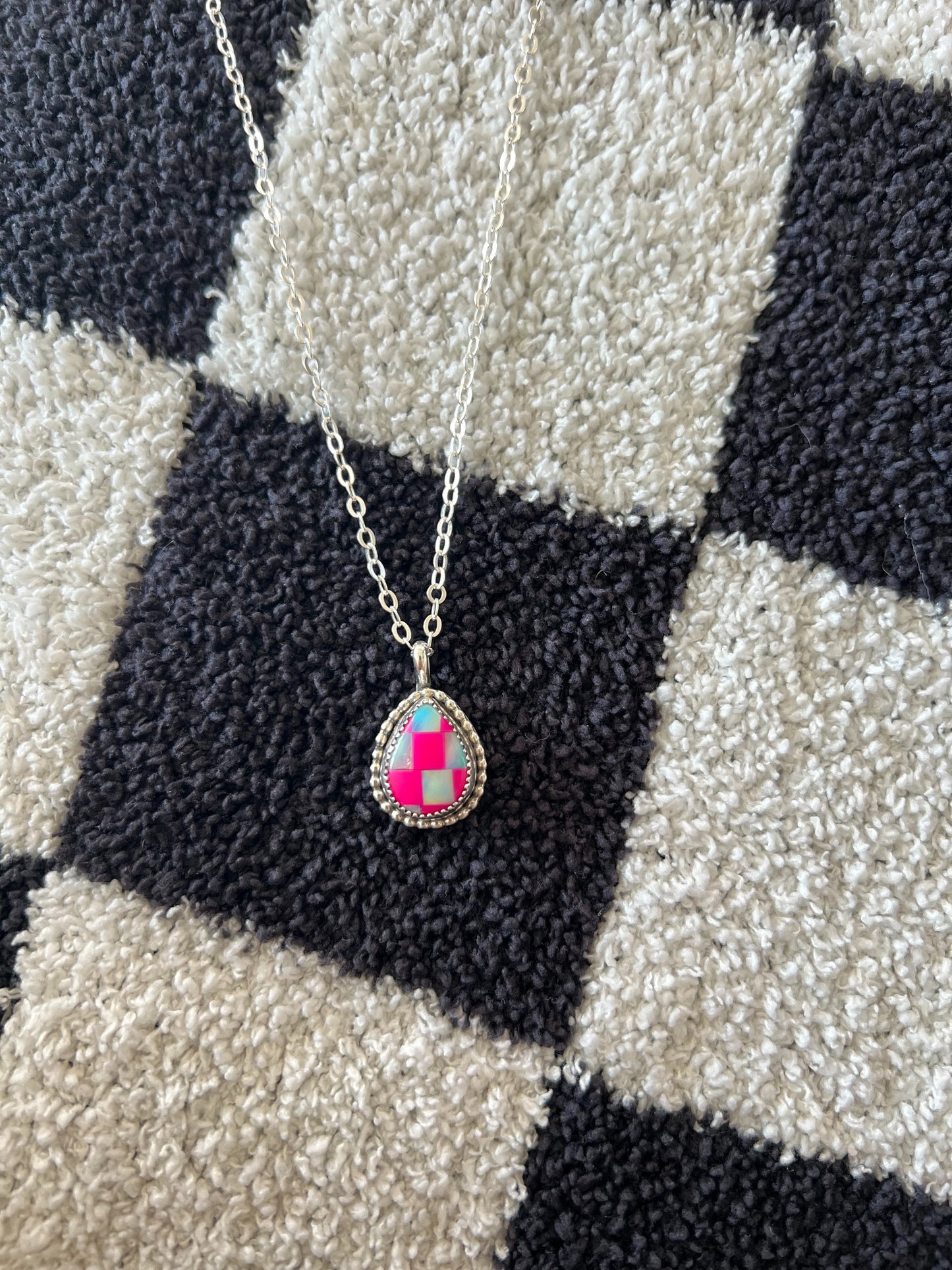 Pink Checkered Teardrop Pendant