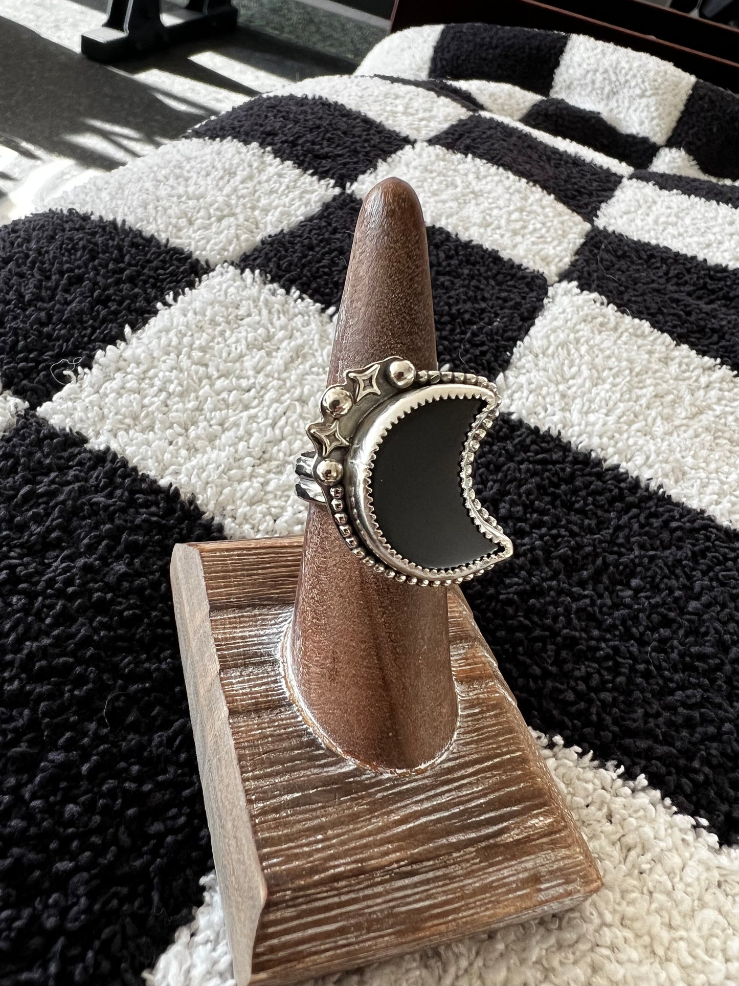 Black Obsidian Moon Ring Size 6 3/4