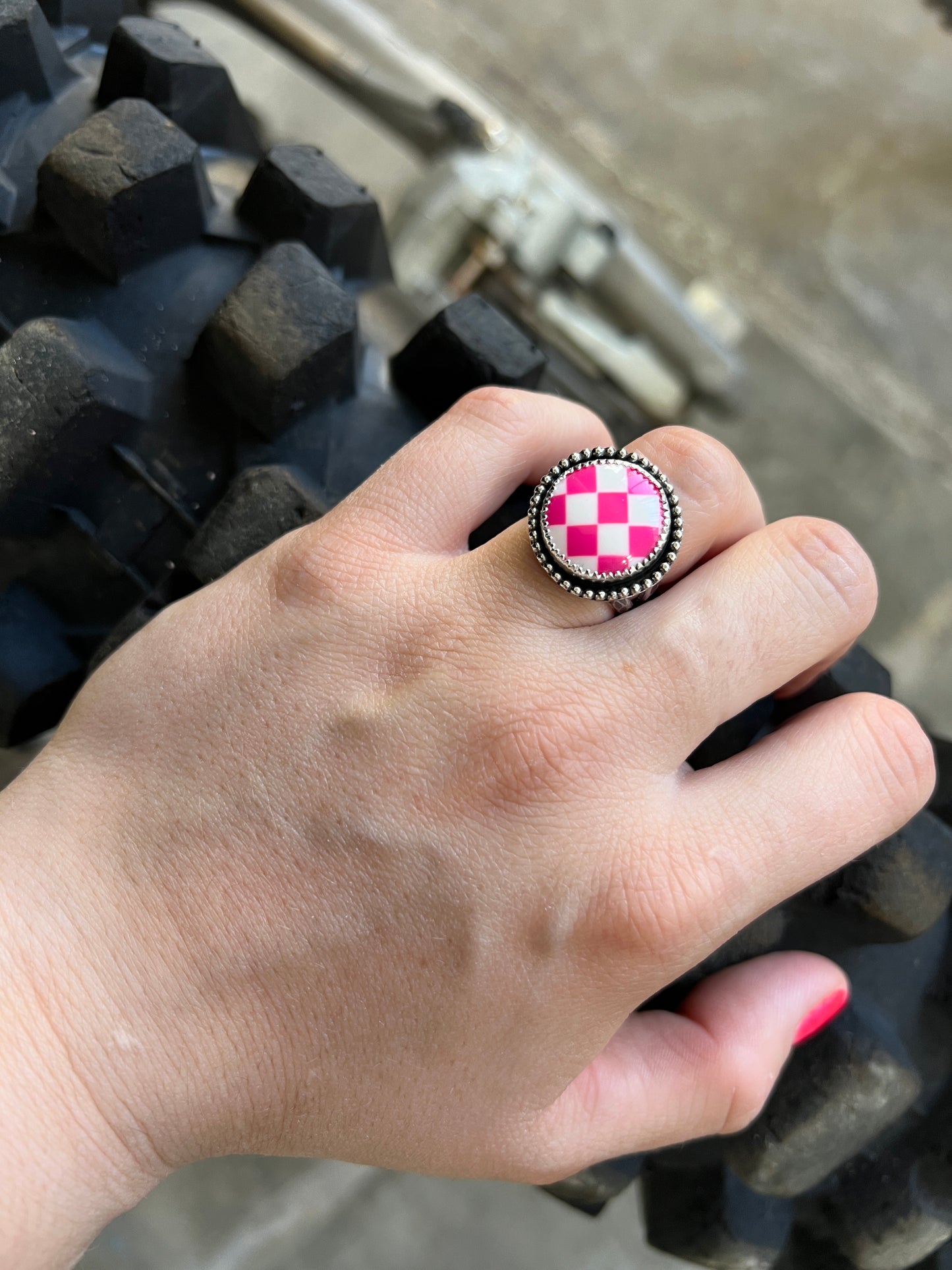 PINK CHECKERED RACE RING *Made to order*