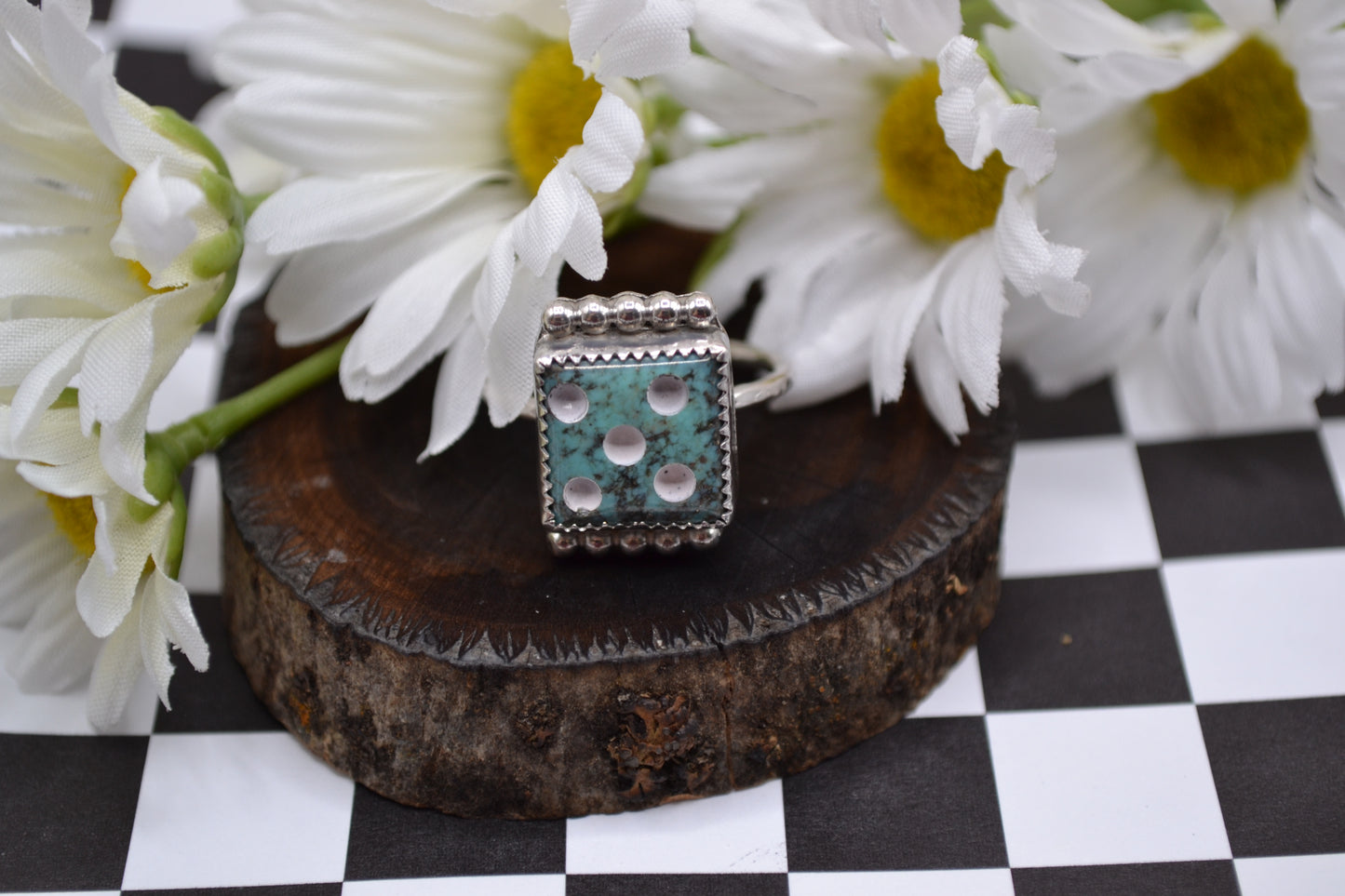 SIZE 8 1/2 - BEADED TURQUOISE DICE RING