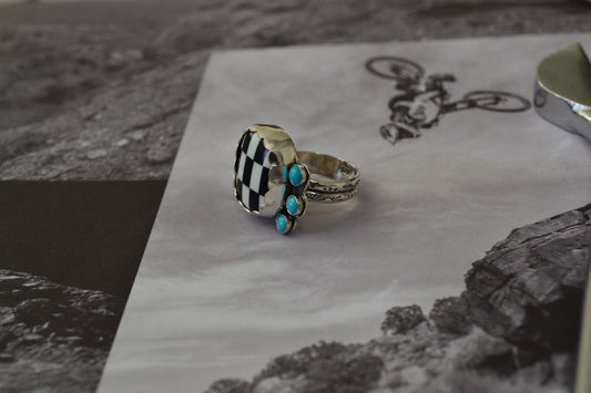 KINGMAN TURQUOISE X CHECKERED RING SIZE 9