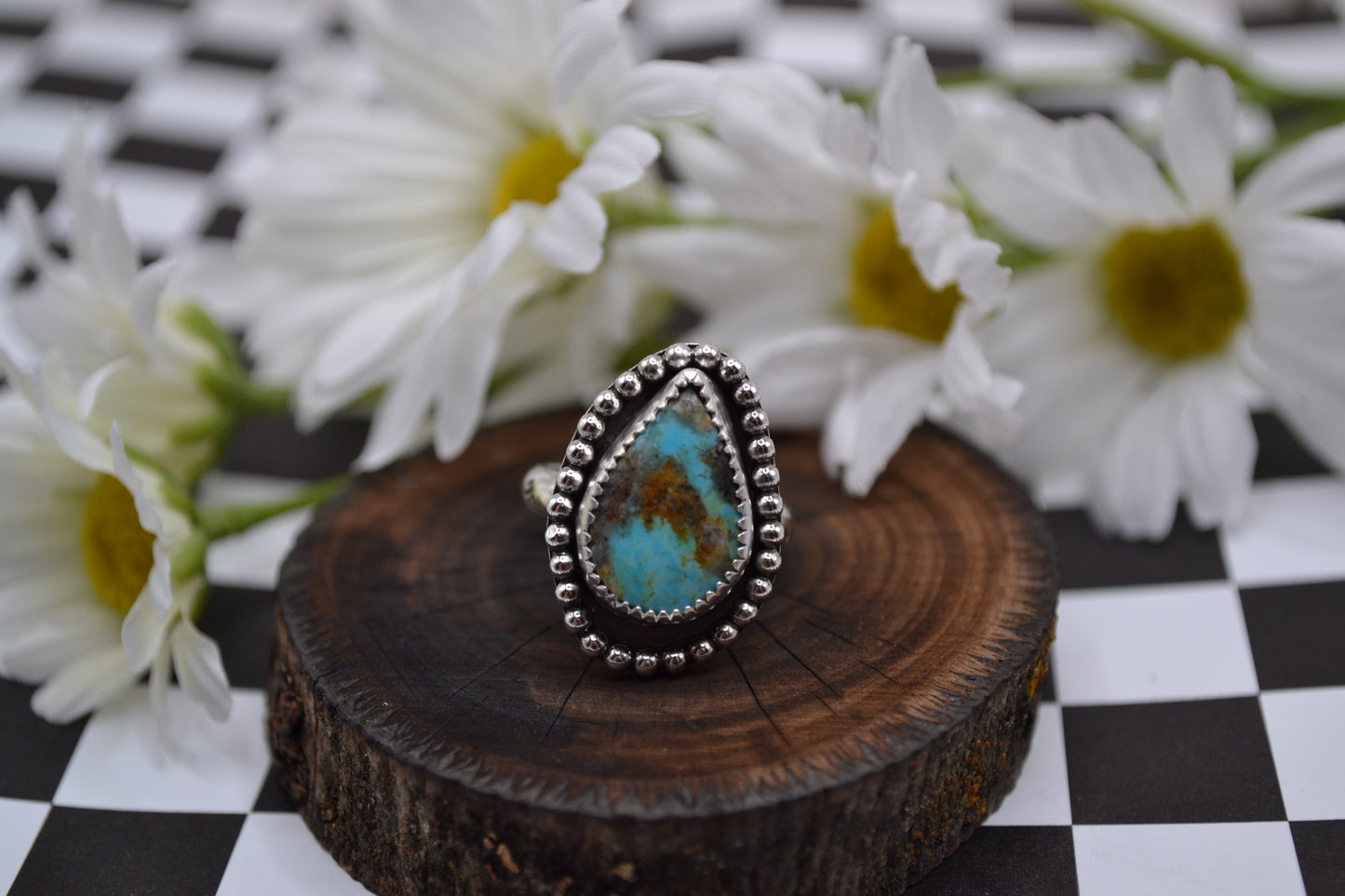 BEADED TEARDROP TURQUOISE RING SIZE 6