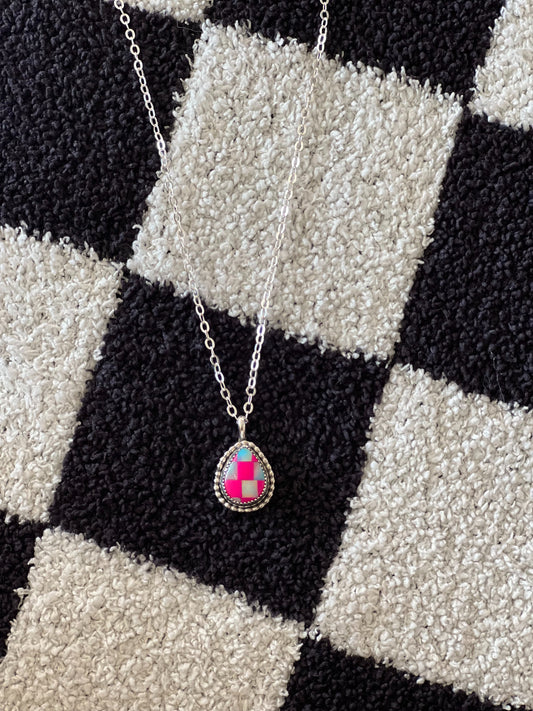Pink Checkered Teardrop Pendant